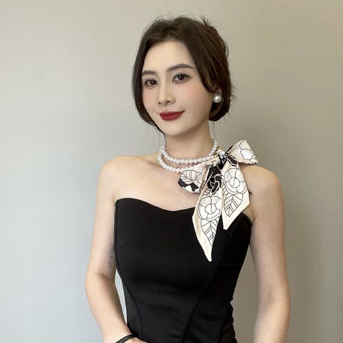法式复古珍珠项链丝巾女百搭锁骨链丝带装饰发带领巾飘带配饰围巾