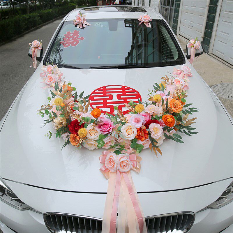 婚车装饰粉色森系接婚车花布置全套主车花车头花2022网红婚车花