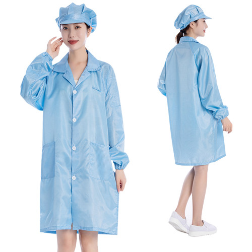 静电衣大褂网格长款纽扣无尘工作服防尘服格子男女富士康蓝色白色