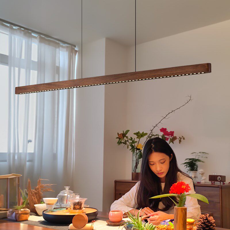 长条餐厅吊灯创意新款胡桃木护眼极简饭厅灯新中式茶室一字餐桌灯