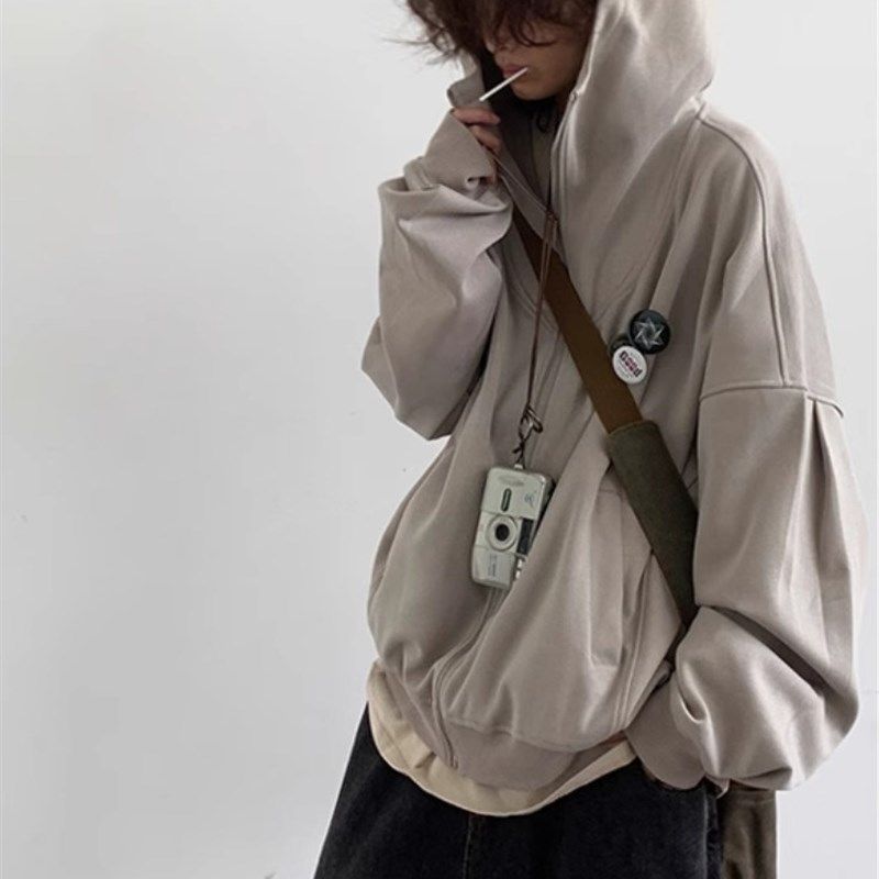 美式街头拉链连帽开衫卫衣男女秋冬新款宽松百搭休闲情侣灰色外套