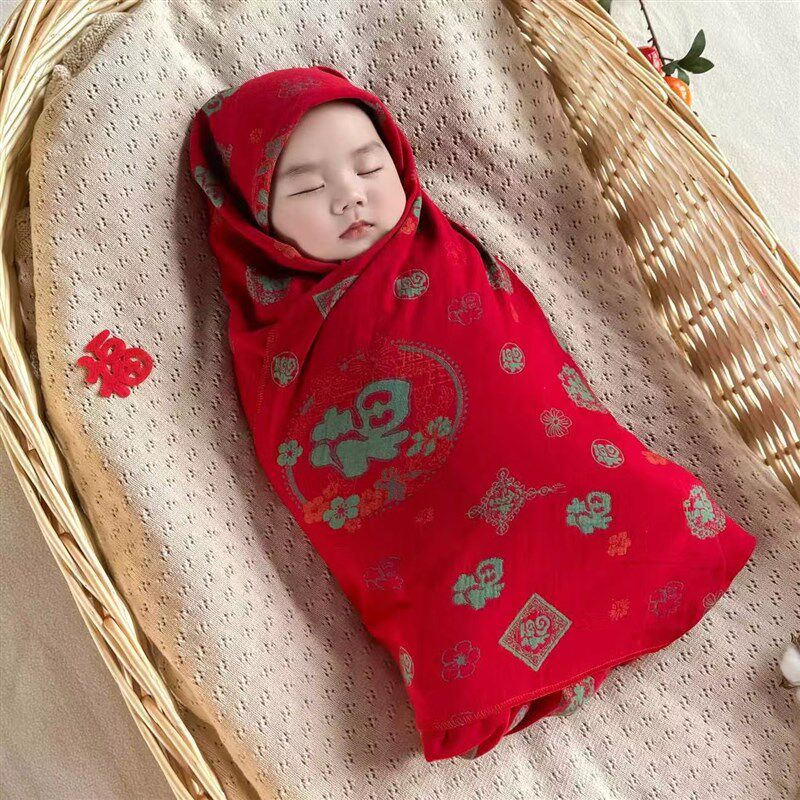 新生儿初生婴儿包单抱被男女宝宝秋冬四季红色百福可脱胆纯棉花被