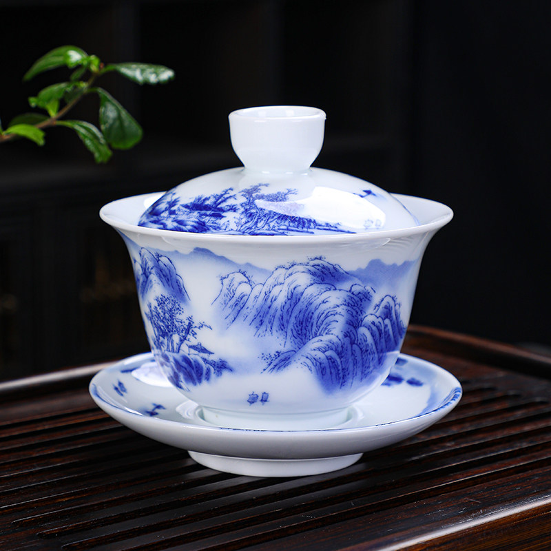 景德镇青花瓷山水功夫茶具整套陶瓷家用茶壶盖碗客厅办公待客中式