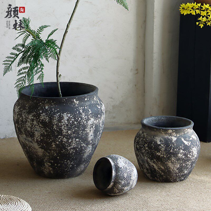 复古水泥大肚陶罐花园庭院绿植大花盆简约百搭商场酒店装饰摆饰造