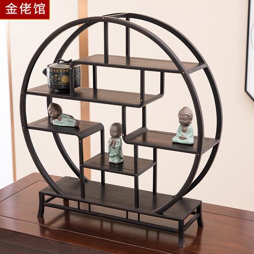 圆形小博古架茶壶茶具架子展示架摆件架置物架实木雕刻工艺品中式