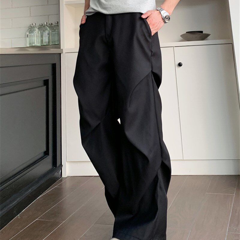 TWORED美式小众褶皱拖地微喇休闲裤高级感宽松直筒垂感黑色西裤男