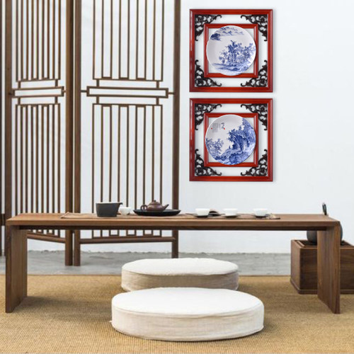 新中式山水木框陶瓷挂画家居装饰品茶楼饭店玄关客厅背景墙壁挂件