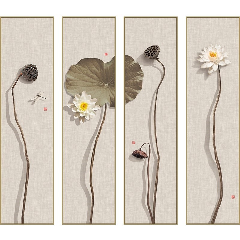 网红新中式莲蓬四条屏画客厅荷花挂画禅意壁画茶室背景墙装饰画