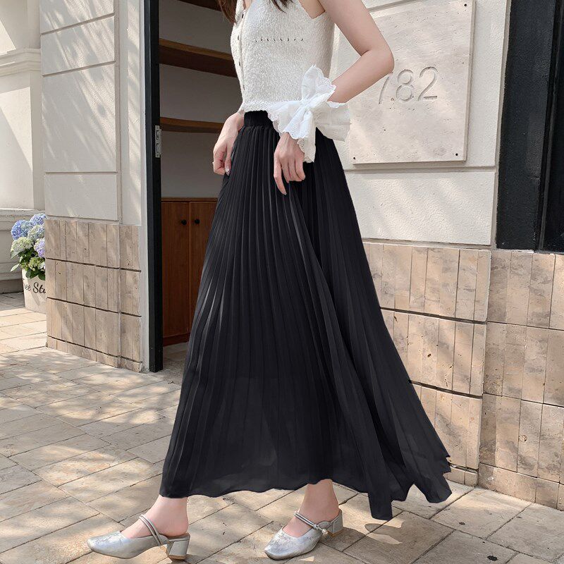 夏季白色百褶裙半身裙女2025新款宽松遮跨垂感大裙摆a字雪纺长裙