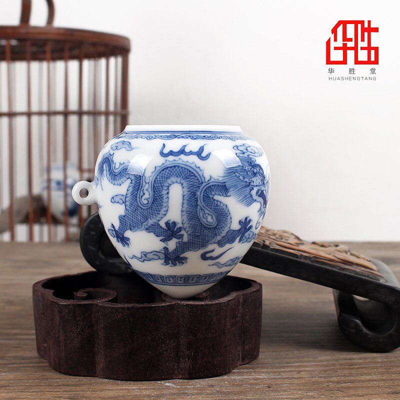 华胜堂 景德镇手绘青花龙凤纹鸡心罐鸟食罐画眉缸鸟杯 鸟笼配件