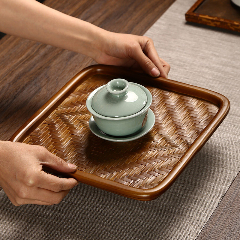 竹编复古盒盘茶盘杯托长方形茶具收纳盘茶室家用托盘日式干泡台