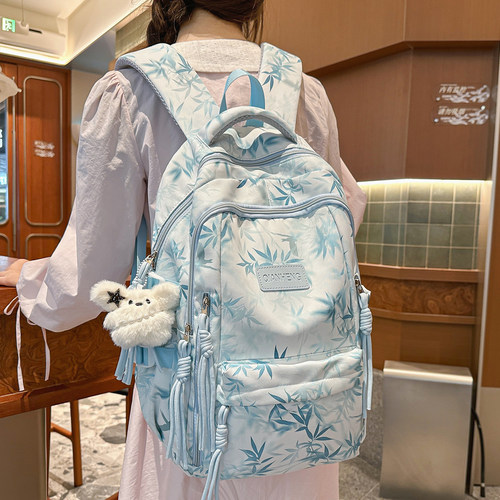 国风竹叶印花大容量轻便学生背包