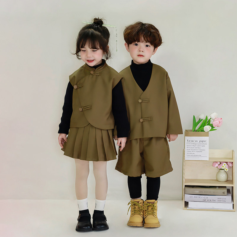 儿童新中式西装外套休闲2024春季新款假两件男童裤子女童裙子春装