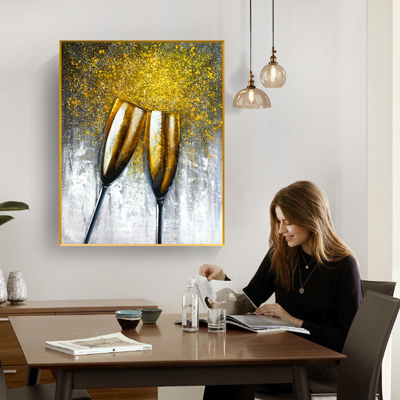 手绘酒杯油画轻奢玄关挂画高端奢华餐厅装饰画美式高级感肌理壁画