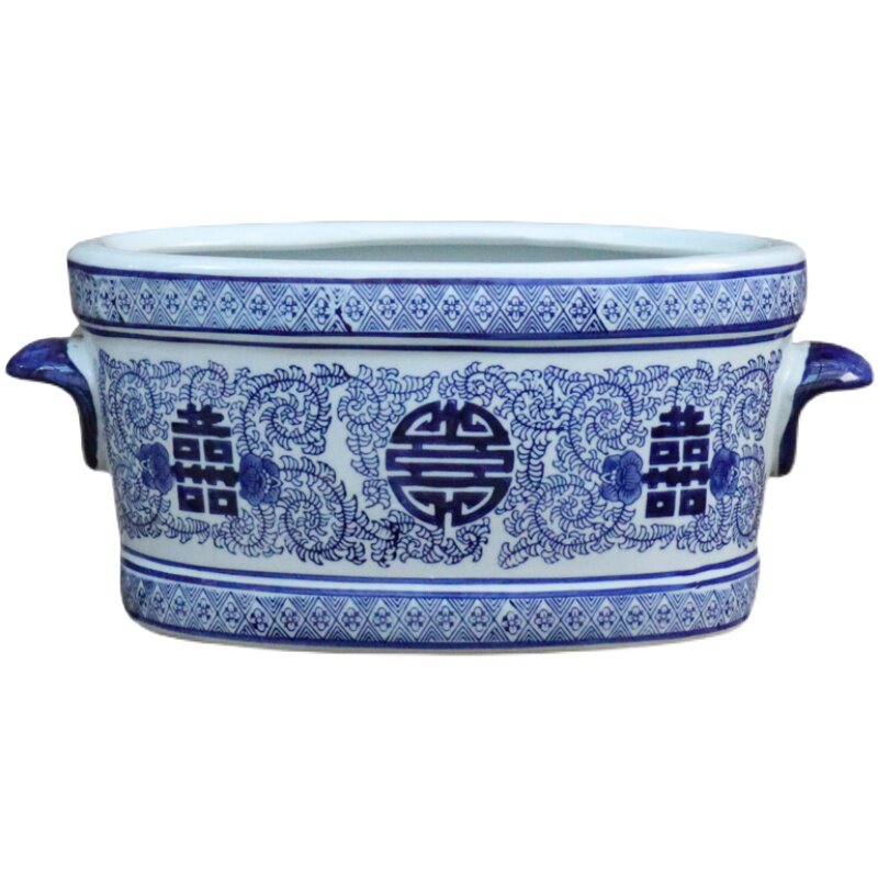 景德镇陶瓷花盆青花瓷椭圆树盆喜字双耳新中式鱼缸多肉发财树兰花
