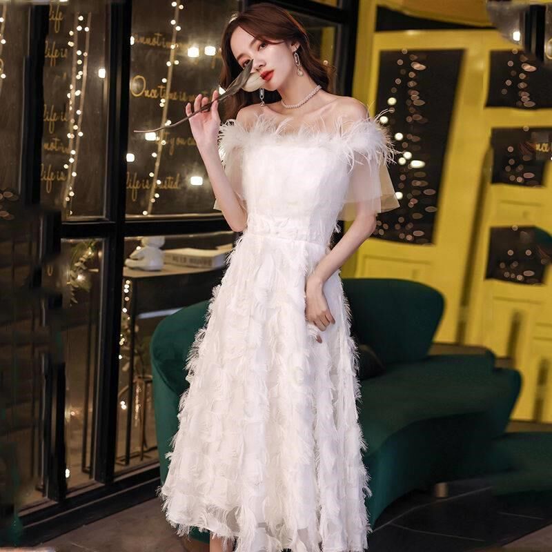 一字肩晚礼服女白色法式轻婚纱订婚领证登记羽毛小个子新娘连衣裙