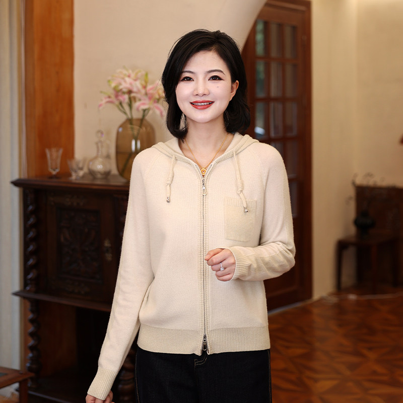 枫竺羊毛连帽双拉链长袖卫衣针织开衫女短款2024秋冬新款毛衣外套