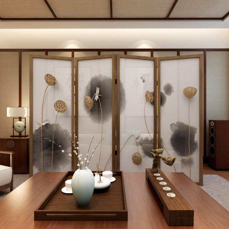 中式实木折叠屏风隔断玄关客厅座屏茶楼书房酒店餐厅布艺屏风莲蓬