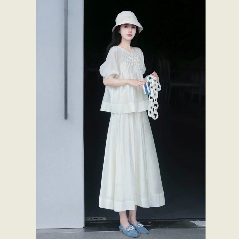 温柔风高级感宽松显瘦压褶设计感上衣半身长裙两件套套装女夏季