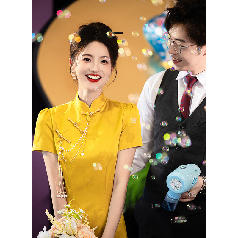 金色旗袍敬酒服新娘新中式订婚礼服裙女小个子气质高级感2024新款
