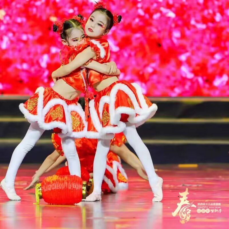 元旦儿童喜庆舞蹈打鼓演出服太平女儿鼓秧歌中国红梦娃幼儿表演服