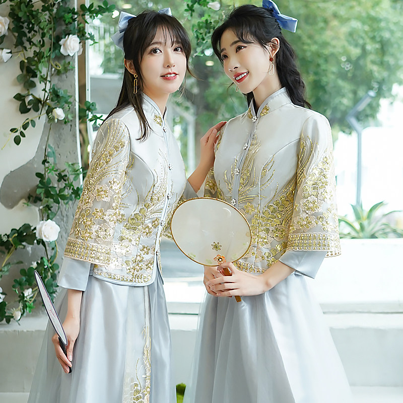 伴娘服中式中国风2021新款冬季结婚灰色闺蜜装伴娘团姐妹裙礼服女