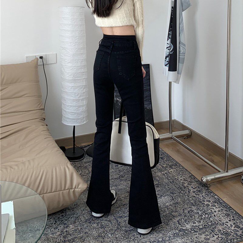 黑色阔腿开叉牛仔裤女春秋大码高腰显瘦胖mm梨形身材微喇叭长裤子
