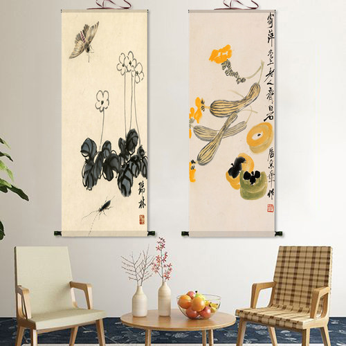 花鸟画简约挂画齐白石花鸟画全画面卷轴丝绸画布画客厅玄关装饰画