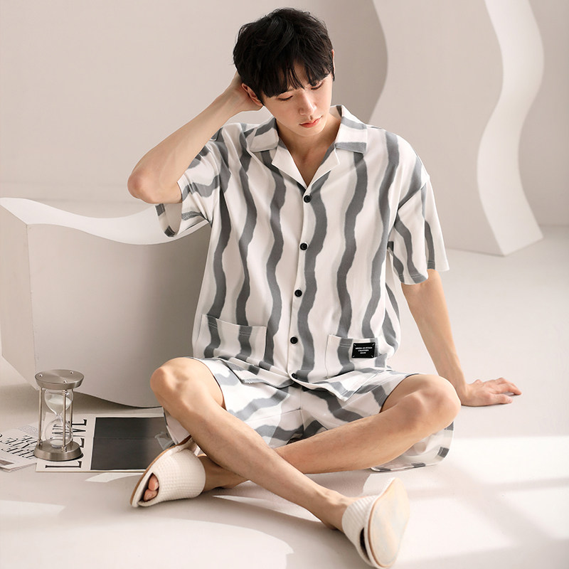 夏季新款男士睡衣纯棉短袖短裤高级感条纹时尚休闲外穿家居服套装