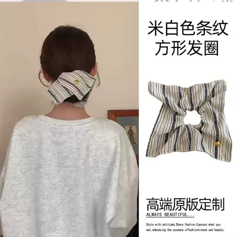 复古爱心金标条纹方巾大肠发圈女高级感扎头发绳2025新款高端头绳