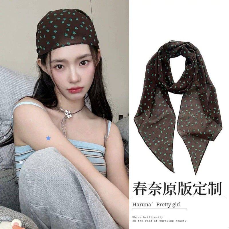 林允同款法式复古咖啡绿色碎花长条丝巾女夏季薄款装饰绑发包头巾