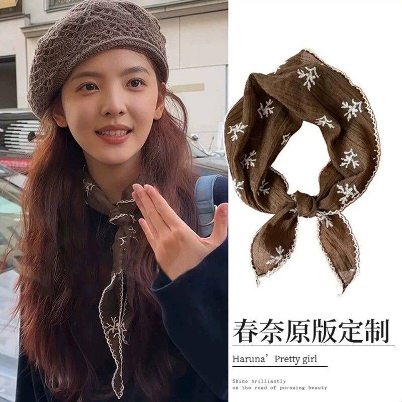 章若楠同款棕色绣花丝巾系脖三角巾柔软亲肤复古夏季领巾脖子配饰