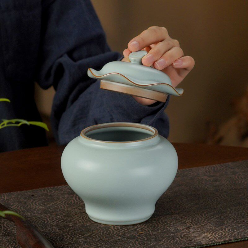 汝窑醒茶罐家用茶叶罐景德镇陶瓷储物罐复古汝瓷手工礼盒装荷叶罐