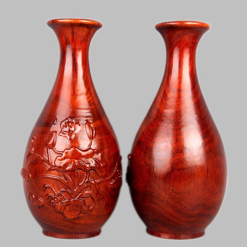 东阳木雕装饰圆形花瓶客厅家居中式花瓶雕刻荷花工艺品实木瓶摆件