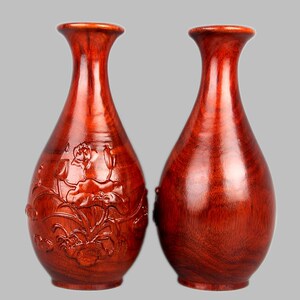 东阳木雕装饰圆形花瓶客厅家居中式花瓶雕刻荷花工艺品实木瓶摆件