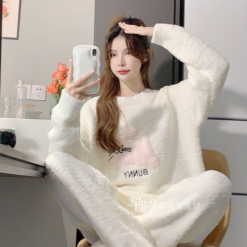 半边绒睡衣女秋冬甜美可爱小兔子软绵绵针织加绒毛线套头家居服