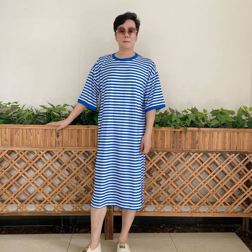 青年男士时尚休闲条纹加长款过膝浴袍弹力舒适短袖家居睡裙睡袍潮
