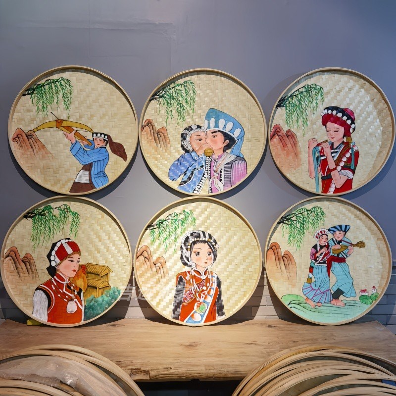 56民族手绘竹编饰品簸箕画装饰挂件竹筐画饭店复古风农家乐竹筛子