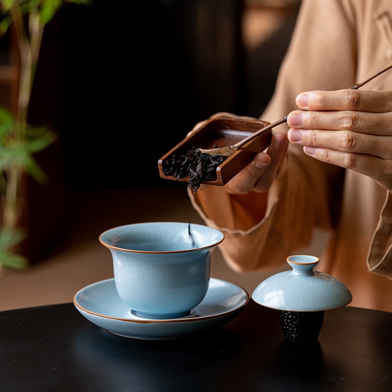 高档天蓝汝窑盖碗复古开片李辉熠汝瓷三才茶碗功夫茶具礼盒装