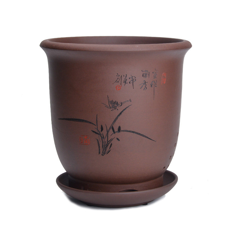 紫砂兰花盆 宜兴中国风简约盆栽室内兰花盆陶瓷花盆带托盘君子兰