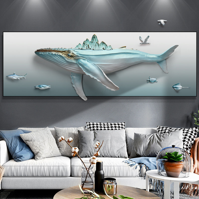 客厅装饰画鲸鱼3D立体浮雕画北欧沙发背景墙壁画轻奢餐厅玄关挂画