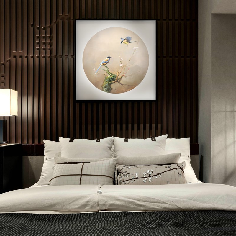 玄关装饰画新中式禅意客厅挂画餐厅卧室手绘油画沙发背景花鸟壁画