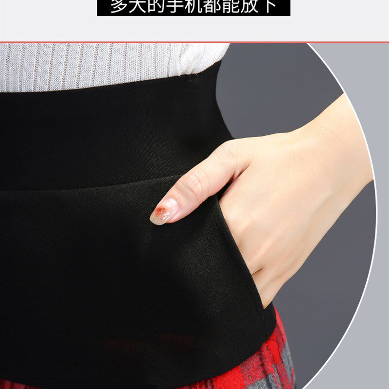 裙裤一体女高腰加绒加厚假两件打底裤毛呢口袋百褶裤裙大码紧身裤