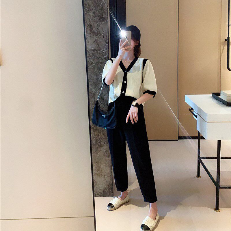 大码女装胖妹妹mm黑色西装九分裤初秋高腰宽松显瘦烟管裤子200斤