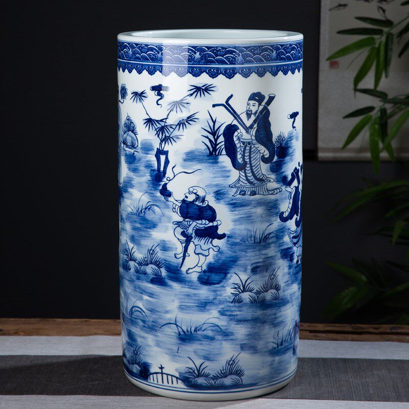 景德镇陶瓷青花瓷八仙图箭筒剑筒收纳卷轴缸书画缸落地花瓶书房大