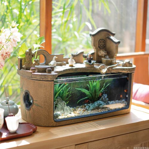 办公室鱼缸水族箱超白玻璃中式流水装饰摆件客厅循环水景创意造景