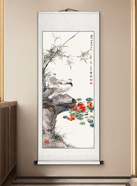 颜伯龙花鸟图卷轴挂画国画书房新中式客厅玄关装饰画竖版名家壁画