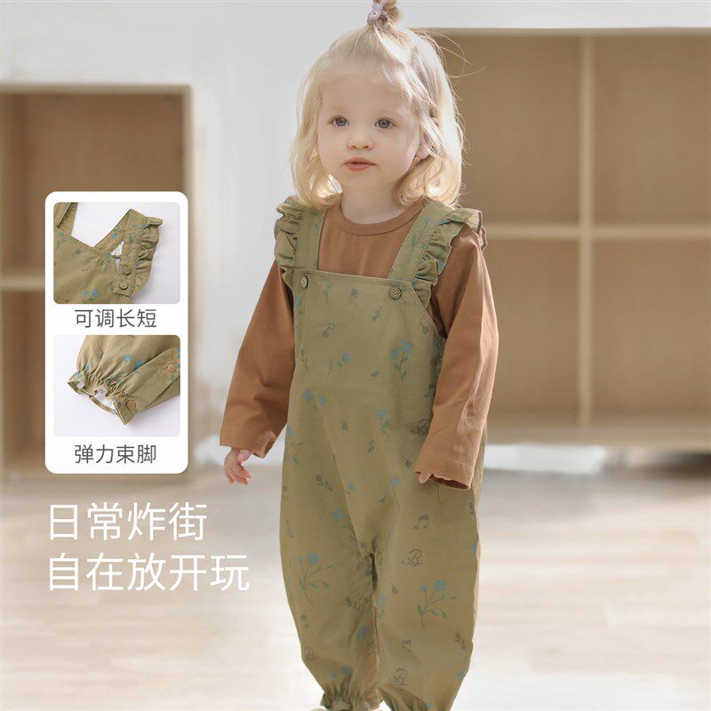 女宝宝背带裤纯棉小女童长裤春秋季儿童连身裤举重裤婴幼儿连体衣