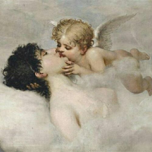 小天使的吻 床头画法式轻奢挂画欧式vintage装饰画小众复古装饰画