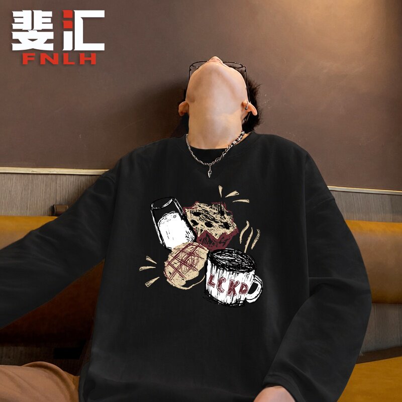 美式嘻哈男黑色宽松印花长袖T恤